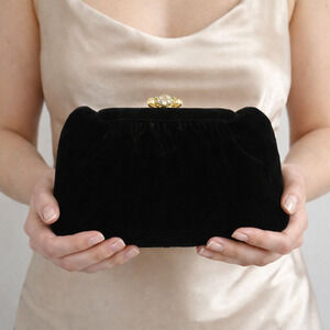 Vintage 60s Magid Black Velvet Rhinestone Clutch Evening Bag